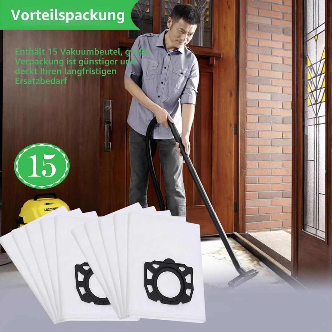 15 Staubsaugerbeutel für Kärcher WD2 Plus WD3.200-WD3.800 M/ KWD1 KWD3 MV3 SE4001/SE4002, KFI357 Vli