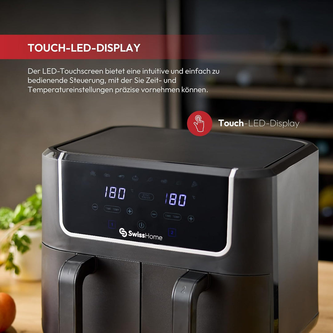 Z SwissHome DARK - Luftfritteuse 2100W - 2 Töpfe 3L - 8 Funktionen - LED-Touchscreen - Antihaftbesch
