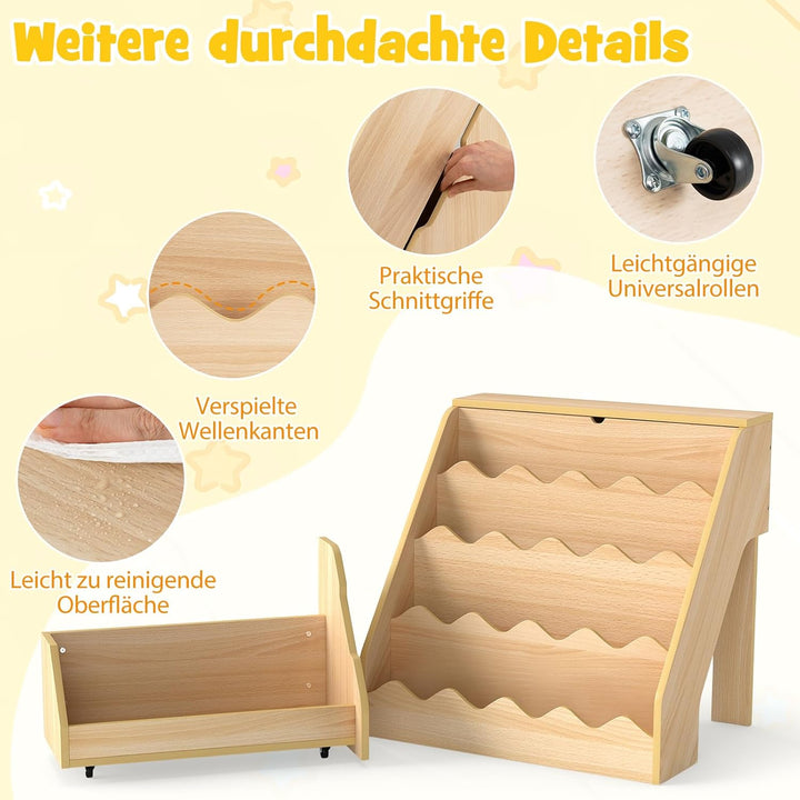 COSTWAY 4 stufiges Kinder Bücherregal, Kinderregal mit aufklappbaren Fach & Schublade auf Rollen, Sp
