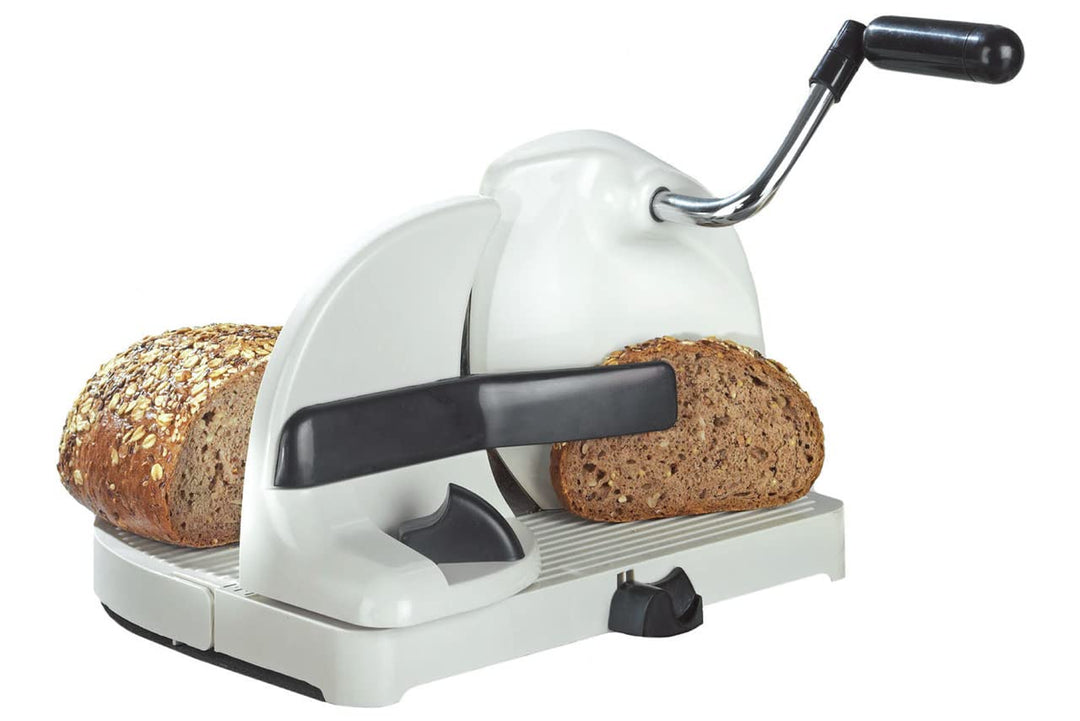 Maximex Brotschneidemaschine, geschnittenes Brot im Handumdrehen, Scheibendicke stufenlos per Hebel