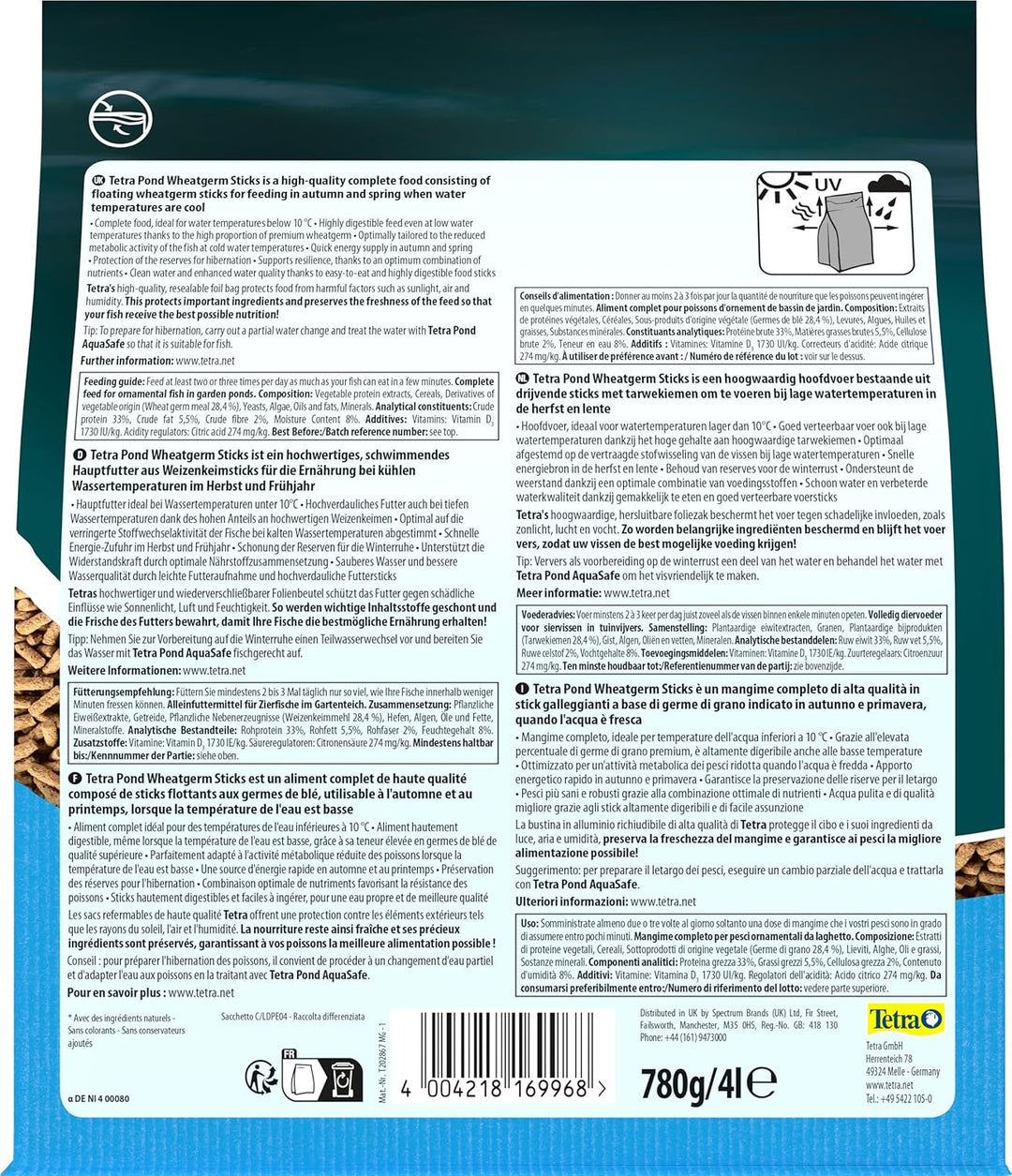Tetra Pond Wheatgerm Sticks - Ballaststoffreiches Fischfutter für alle Teichfische, besonders geeign