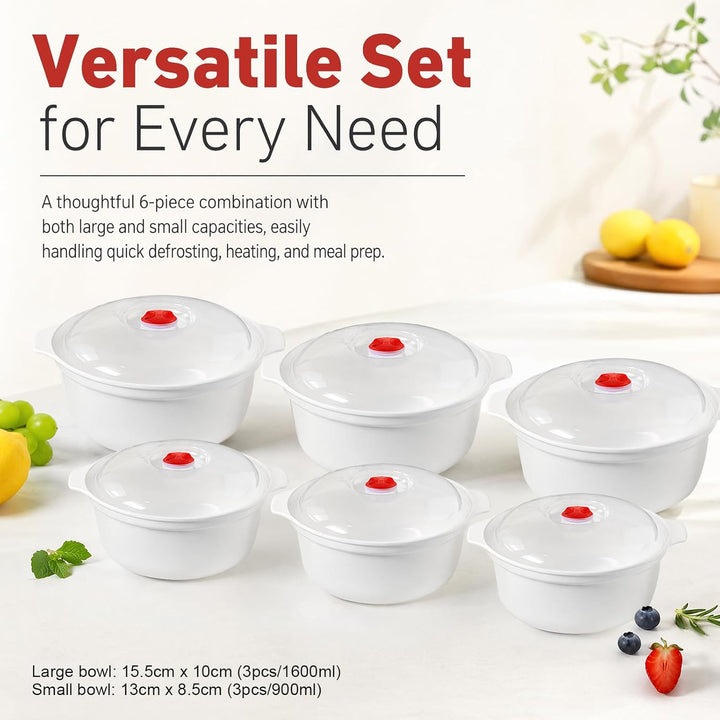 CEWROM 6 tlgs Mikrowellengeschirr mit Deckel Kunststoff Set, 900-1600ml Runde Mikrowellen Geschirr S
