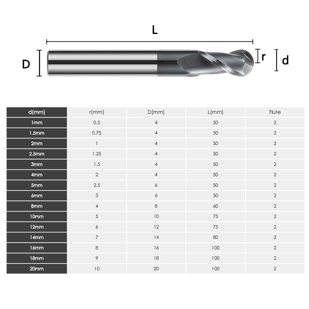 CREEYA 1 stücke Hartmetall Kugelkopffräser 18mm, 2 Zähne/2 Schneiden CNC Kugelfräser, HRC 55, AlTiN
