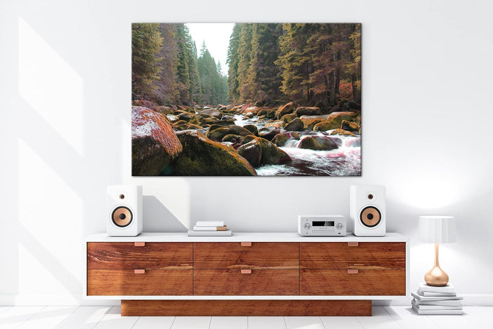 deyoli idyllischer Fluss im Wald im Format: 80x60 als Leinwandbild, Motiv fertig gerahmt auf Echthol