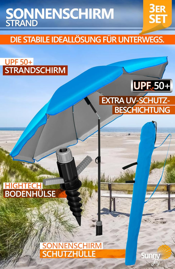 4smile Sonnenschirm Strand SunnyJoy Ø 180 cm, 3er Set - Strandschirm mit UV Schutz 50+, inkl. Sonnen