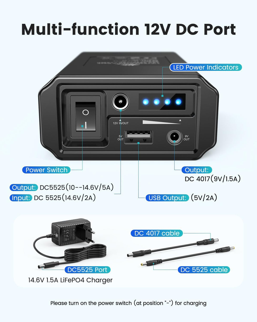 12V Powerbank 6000mAh Tragbar LiFePO4 Powerbank mit Ladegerät, DC Ausgang mit USB-A, DC 12V Und 9V H