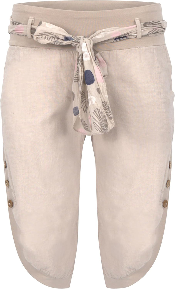 Malito Damen Kurze Hose aus Leinen - Caprihose in Unifarben - feine Freizeithose mit Gürtel - Stoffh