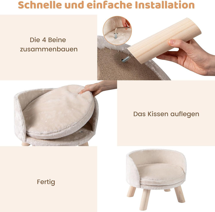 COSTWAY Katzensofa, Katzenbett erhöht, Katzencouch mit rundem Kissen, Rückenlehne & Holzbeinen, Katz