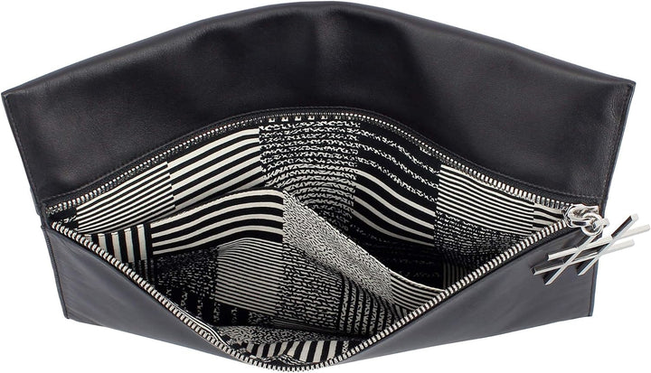 DUDU Schulter-Tasche Schwarz Damen aus Leder mit Kette Elegant Flaches Design mit Reissverschluss Sc