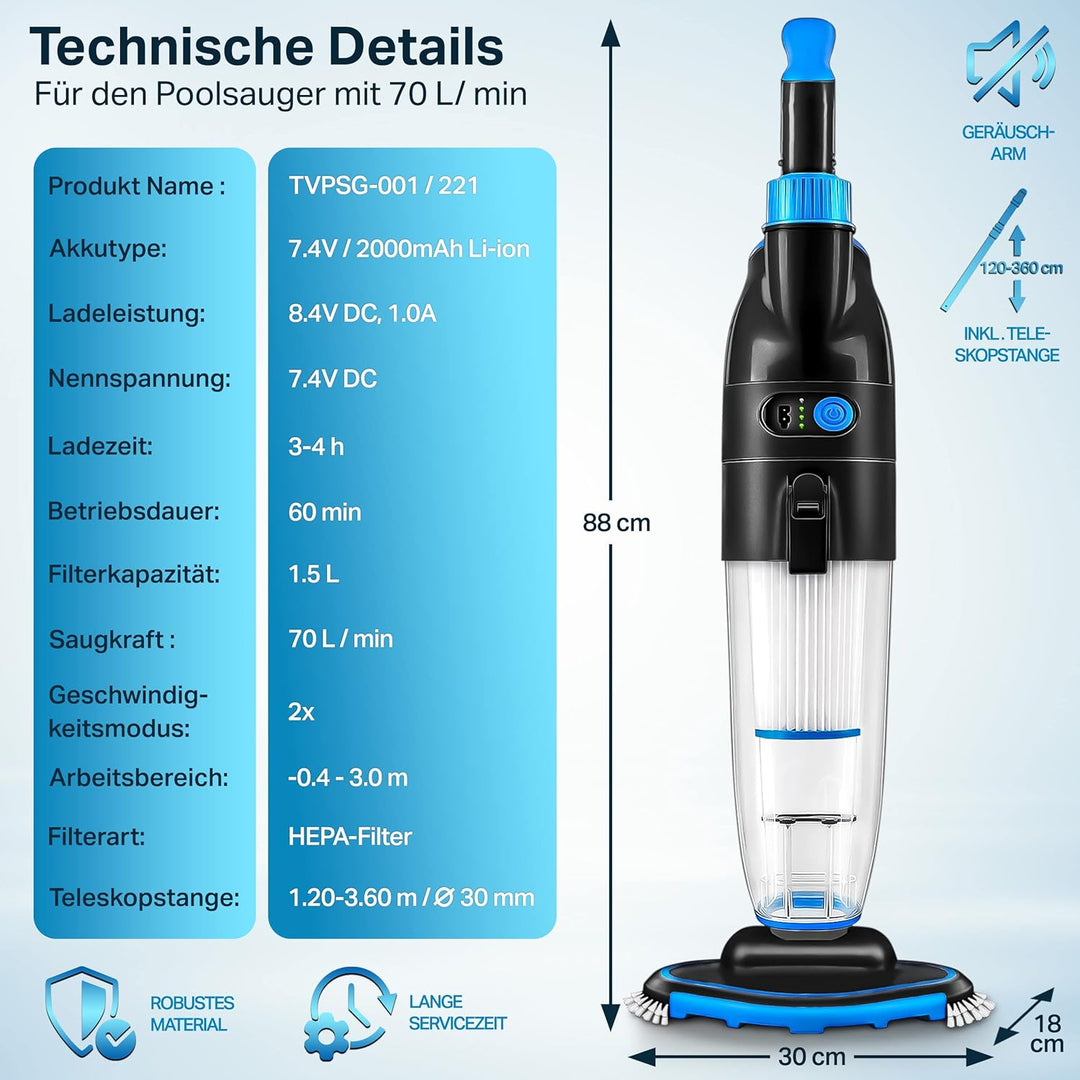 tillvex Poolsauger mit Akku | Pool Bodensauger Teleskopstange elektrisch | Poolreiniger mit Filter &