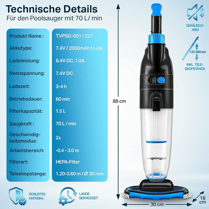 tillvex Poolsauger mit Akku | Pool Bodensauger Teleskopstange elektrisch | Poolreiniger mit Filter &