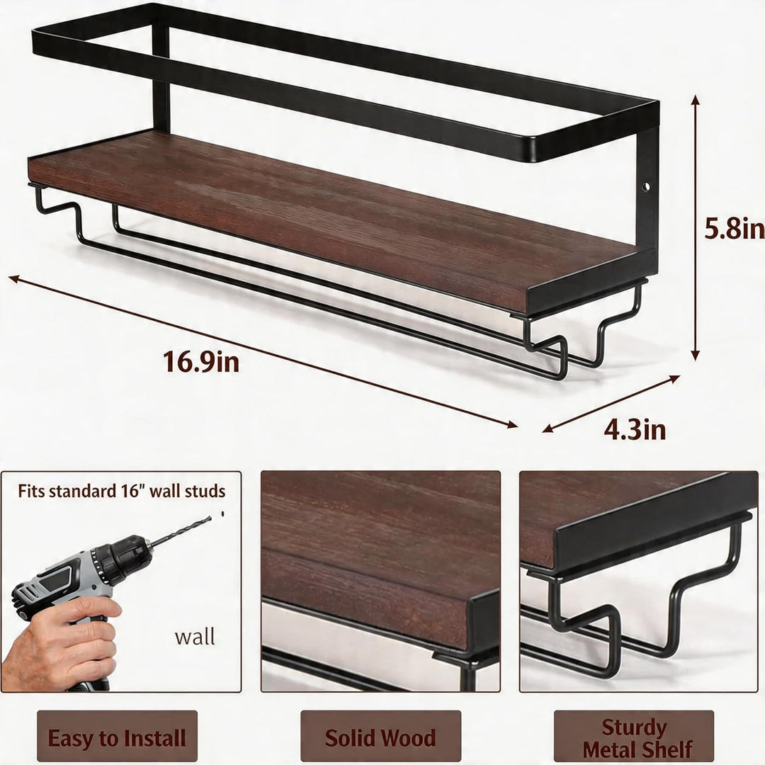 B4Life Wandmontierte Weinregal mit Glashalter, 2er Set Weinglasregal Holz, Vintage Flaschenregal aus