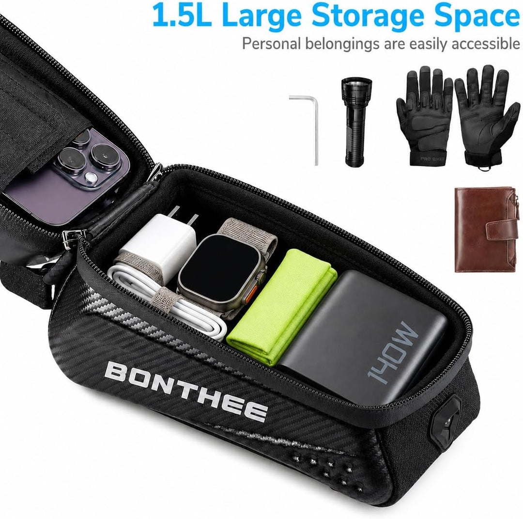 BONTHEE Rahmentasche Fahrrad Handytasche Wasserdicht 1,5L Fahrradtasche mit Handyfach & Sonnenblende