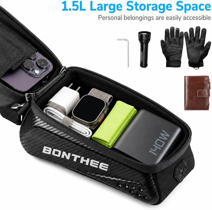 BONTHEE Rahmentasche Fahrrad Handytasche Wasserdicht 1,5L Fahrradtasche mit Handyfach & Sonnenblende
