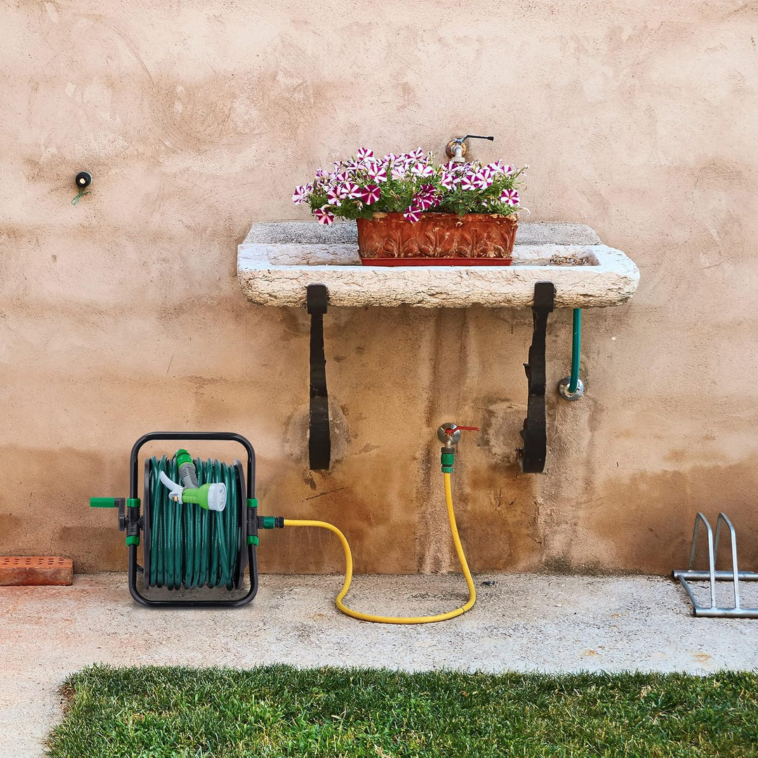 Relaxdays Schlauchtrommel, für 30 m 1/2" Schlauch, Stahl, Kunststoff, Schlauchhalter, HBT: 38 x 42 x