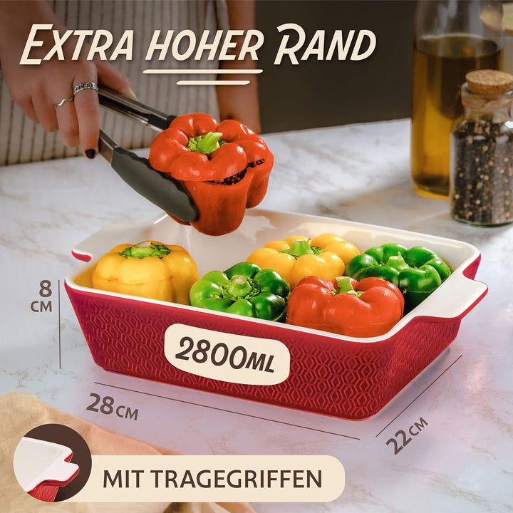 Auflaufform Gross aus Keramik - Extra Hoher Rand - Für Lasagne, Tiramisu & Auflauf - Eckig - Rot, Ro