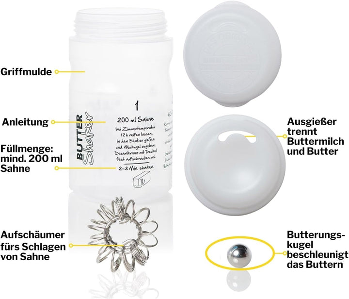 Butter machen mit dem 325ml-Butter & Sahne-Shaker (WEISS) mit Butterungskugel und Aufschäumer