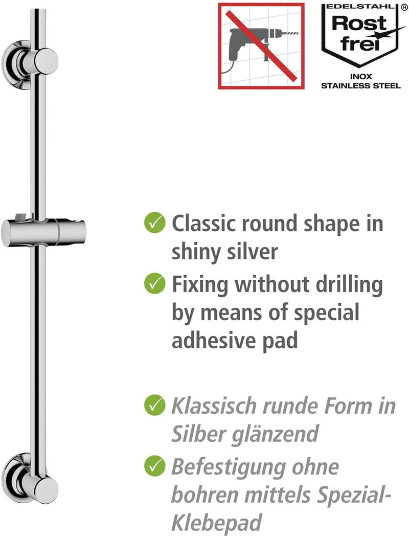 WENKO Duschstange ohne Bohren, Brausestange zur Befestigung mit Spezial-Klebepad, aus rostfreiem Ede
