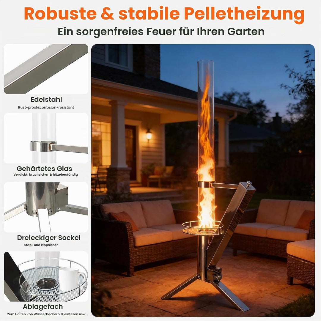 Feuerrohr, Edelstahl Feuersäule und Pelletfackel für Tolles Ambiente-Feuer,Reinigungsbürste incl