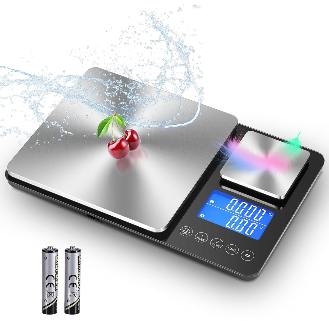 Küchenwaage mit Dualer Plattform, 15kg/1g & 500g/0.01g, Doppelfunktion Digitale Küchen Feinwaage mit