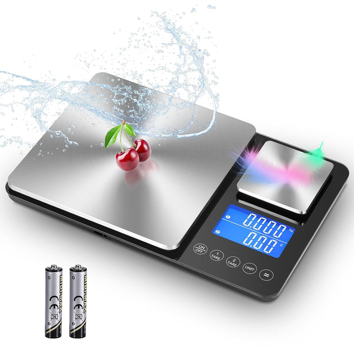 Küchenwaage mit Dualer Plattform, 15kg/1g & 500g/0.01g, Doppelfunktion Digitale Küchen Feinwaage mit
