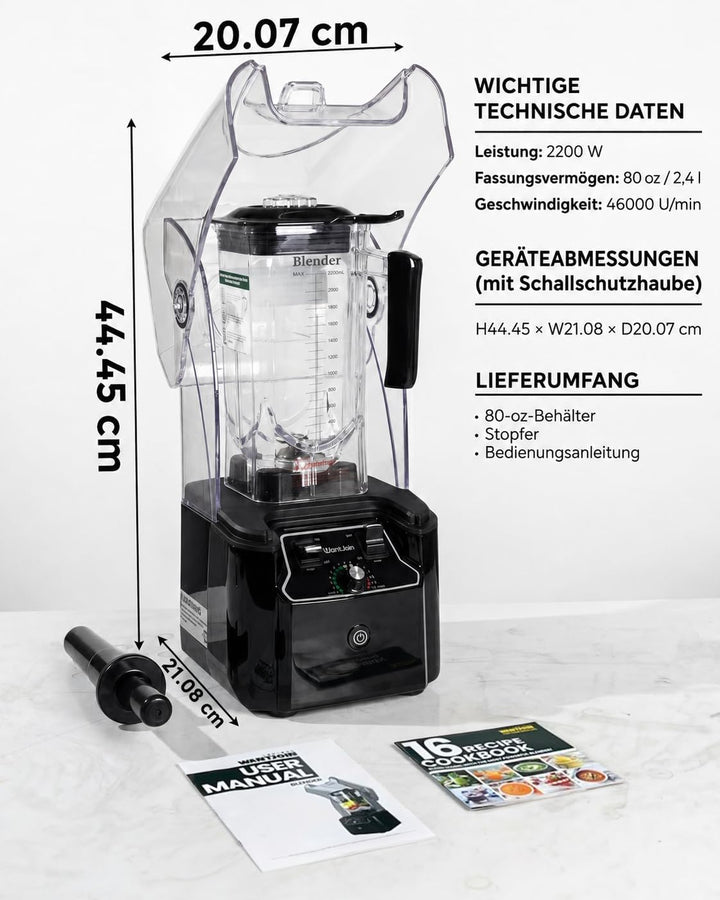 WantJoin Kommerzieller Mixer mit Schallschutzhaube 2.2L Leise Professioneller Smoothiemaker 2200W Ho