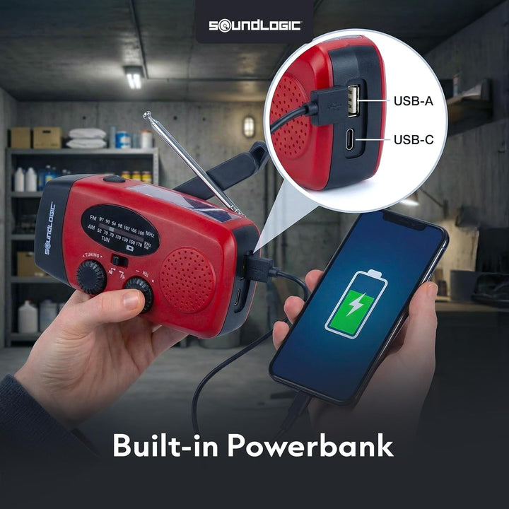 Soundlogic Notfallradio Solar | Kurbelradiof mit Powerbank & LED Taschenlampe | AM/FM Radio | USB-C