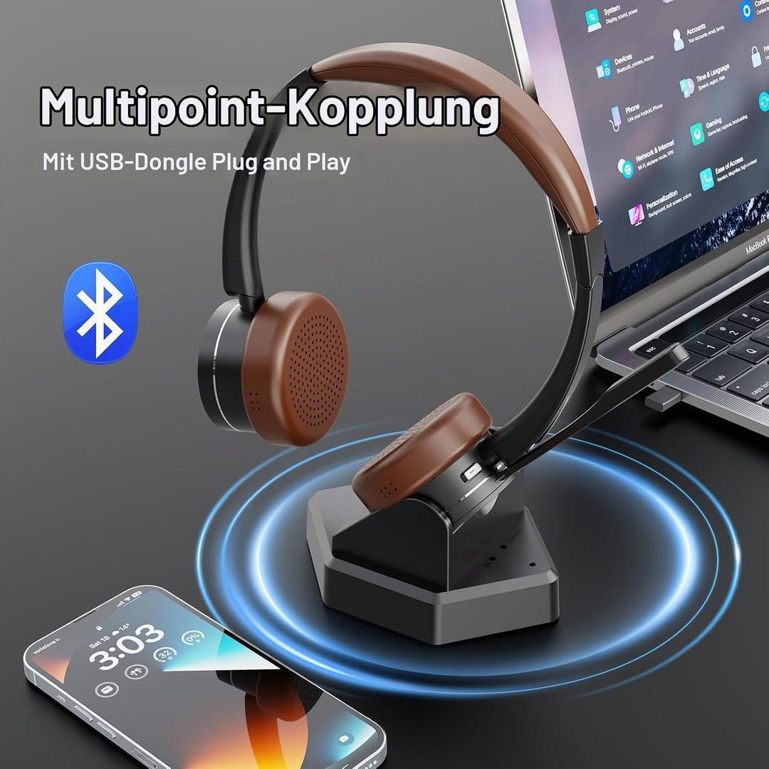 Kabelloses Headset, Bluetooth-Headset mit Mikrofon und Rauschunterdrückung &amp; USB-Dongle, Kabellose m