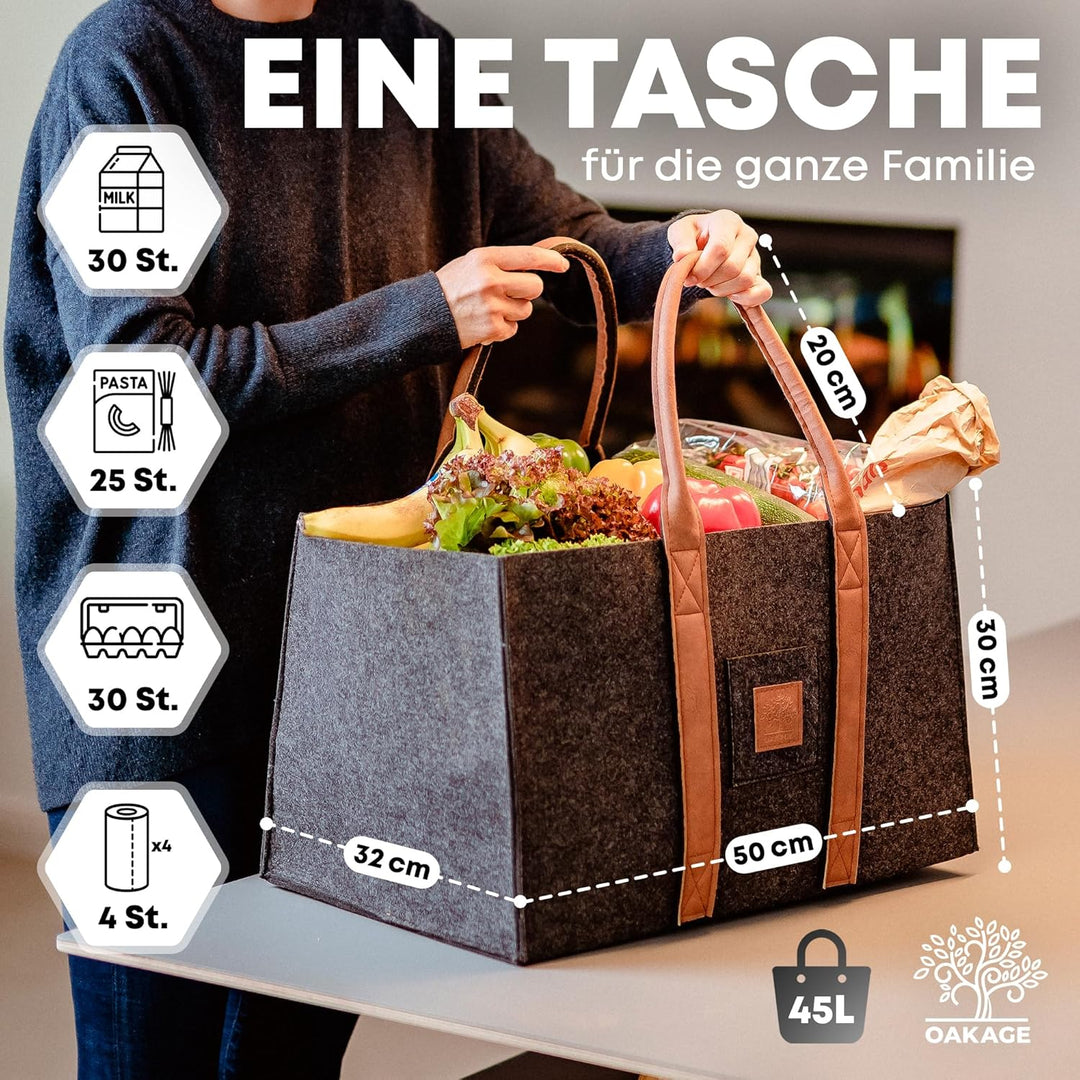 OAKAGE® Einkaufstaschen Faltbar [2er Set] Filztaschen Shopper Holzkorb für Kaminholz Gross Kaminholz