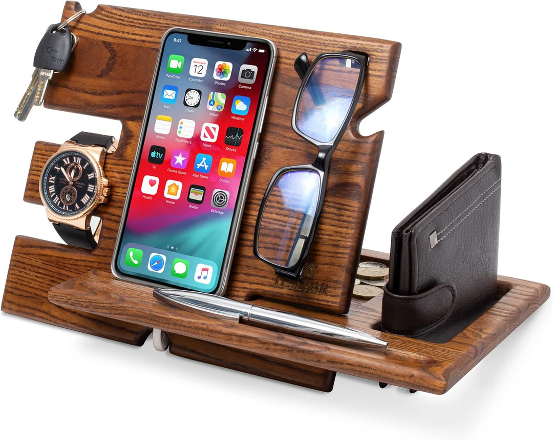 Holz Telefon Dockingstation Asche Baum Geldbörsenständer Schlüsselhalter & Uhren Organisator Herren