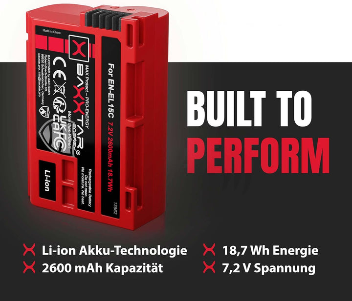 Baxxtar MaxProtect EN-EL15c Kamera-Akku (2400mAh) mit aktivem NTC-Sensor und V1 Gehäuse - auch für Z