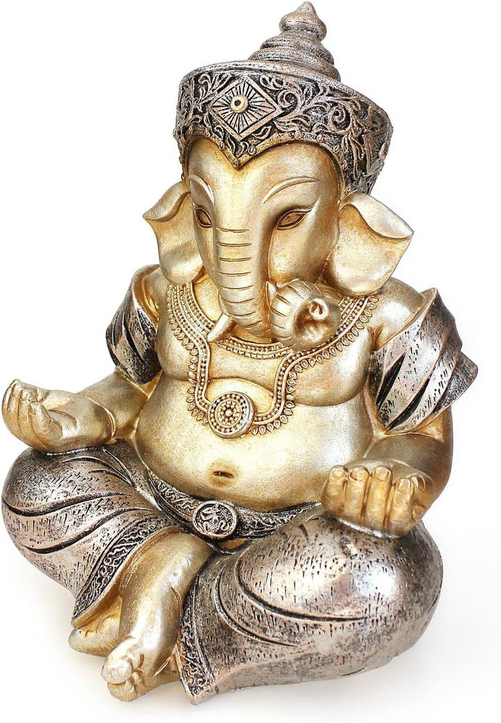 TEMPELWELT Deko Figur Ganesha Figur sitzend 21 cm, Polystein Champagner Silber Hindu Gott Buddha Ind