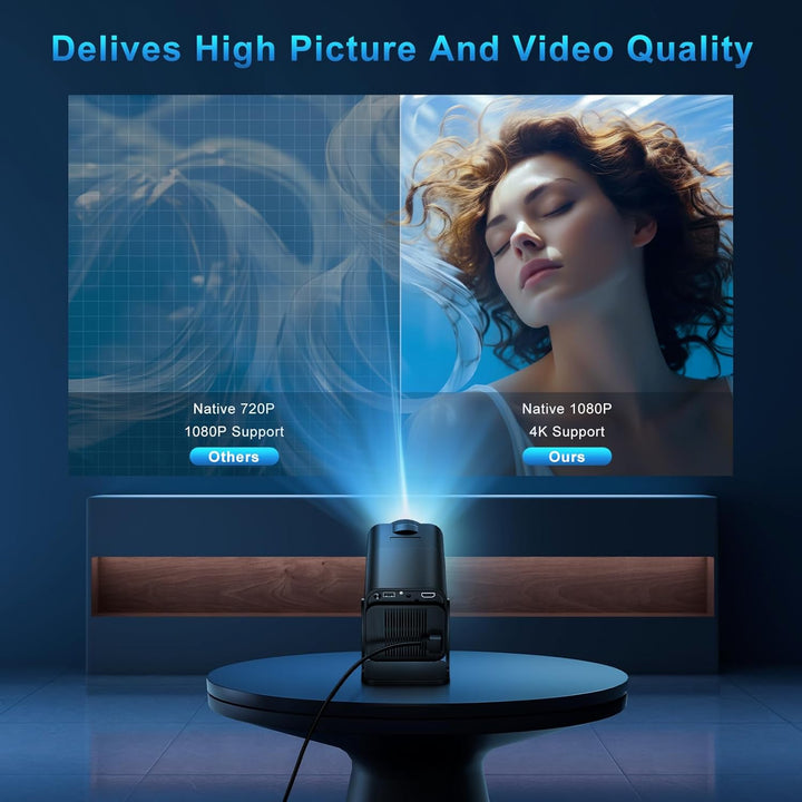 Mini Beamer 4K, Full HD 1080P Mini Projektor, WiFi 6 und Bluetooth 5.4 Auto Vertikale Trapezkorrektu