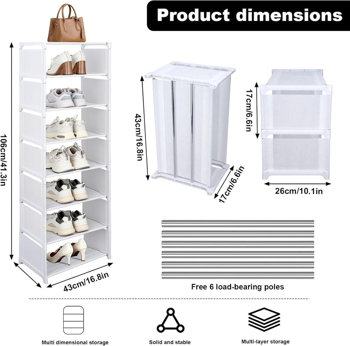 8 Ebenen Schuhregal Schmal Weiss, Platzsparendes DIY Regalsystem für Kleiderschrank & Büro, Hoch Sch