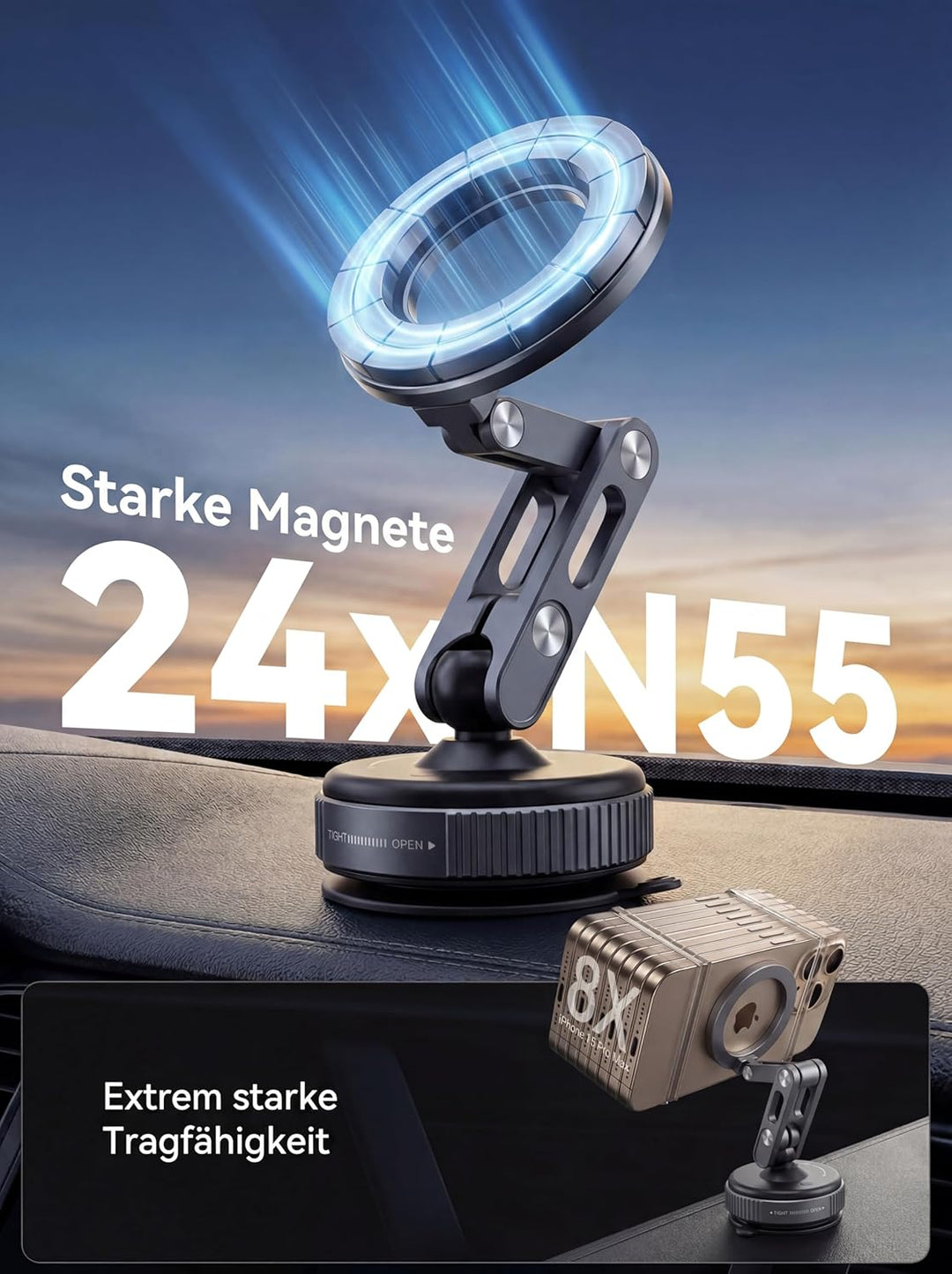 Upgraded Magnet-Halterung mit Saugnapf - 360° drehbar, 96LBS Ultra-Saugkraft für Auto/Fitnessstudio/