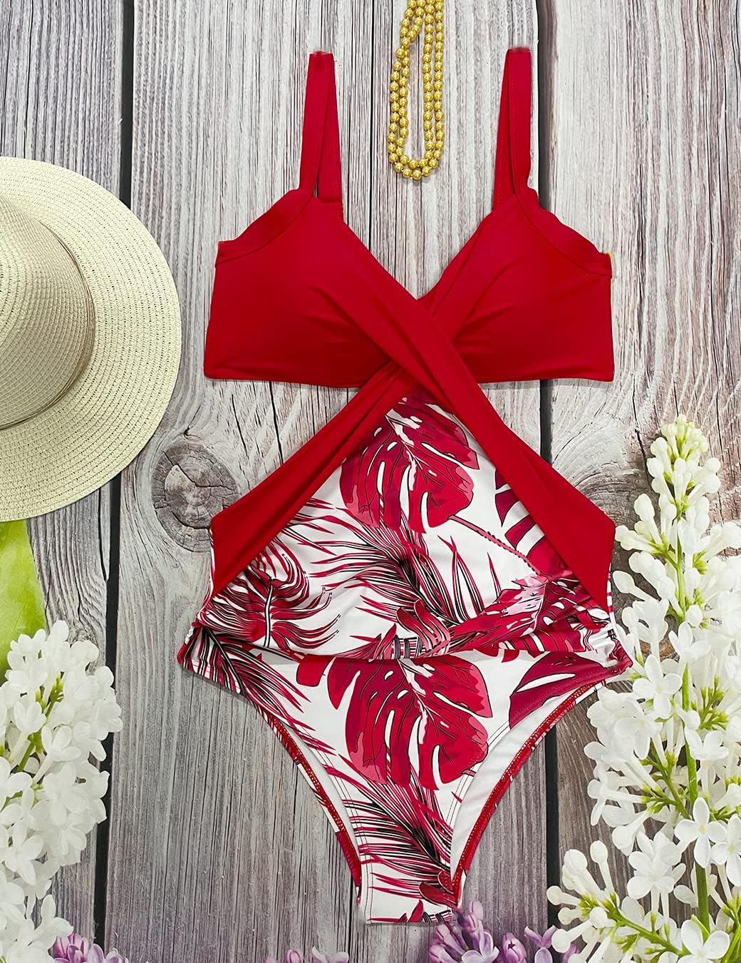 Rayson Damen Badeanzug Monokini Vorne Criss Cross Neckholder Push Up Bandeau Cut Out High Waist Wrap
