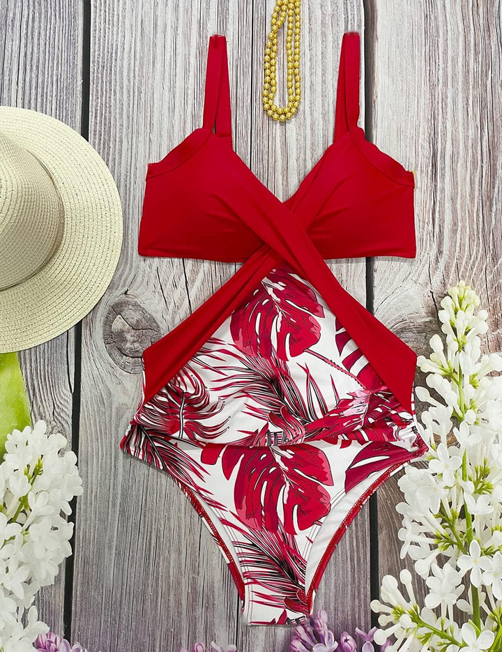 Rayson Damen Badeanzug Monokini Vorne Criss Cross Neckholder Push Up Bandeau Cut Out High Waist Wrap