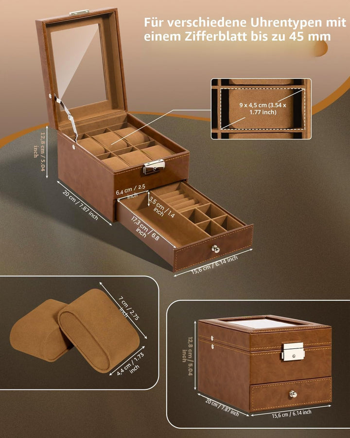 Uten Uhrenbox, 6 Fächern und 1 Schublade mit Schlüsselschloss, Glasdeckel, Braunes PU, Braunes Samtf