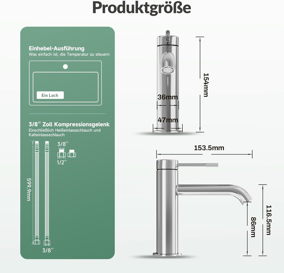 ALPHA HOME Wasserhahn Bad, Waschtischarmatur mit Anschlussschlauch Waschbecken Armaturen Chrom Matt