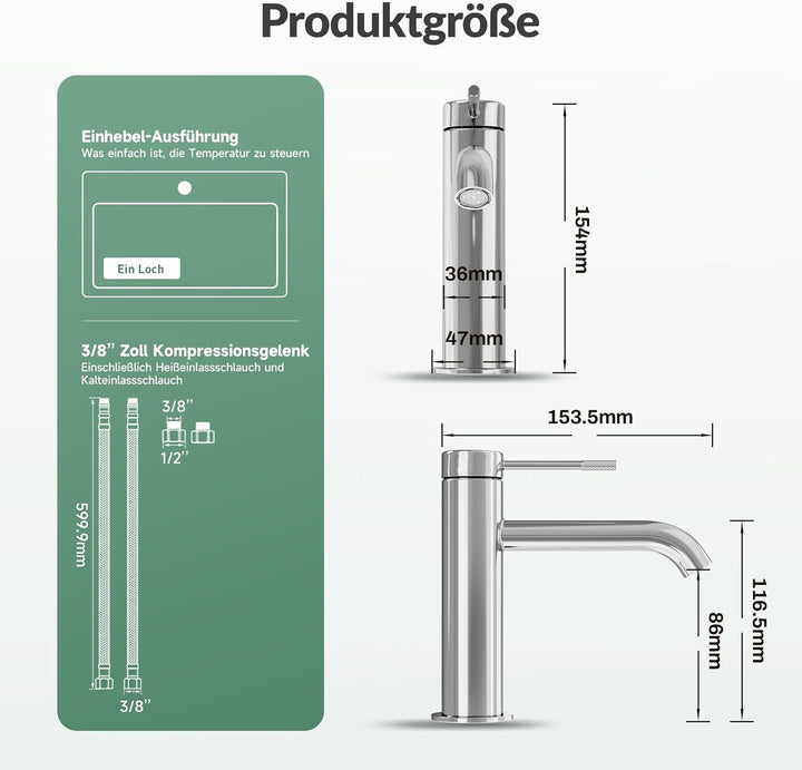 ALPHA HOME Wasserhahn Bad, Waschtischarmatur mit Anschlussschlauch Waschbecken Armaturen Chrom Matt