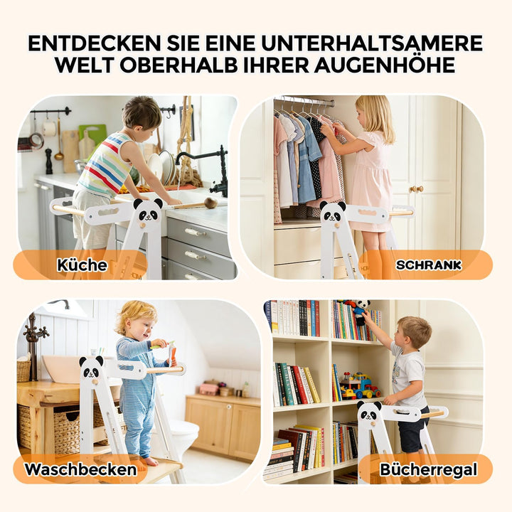 Lernturm Klappbar, Montessori Learning Tower für Kinder, 3-Fach Höhenverstellbar, Platzsparend, Sich
