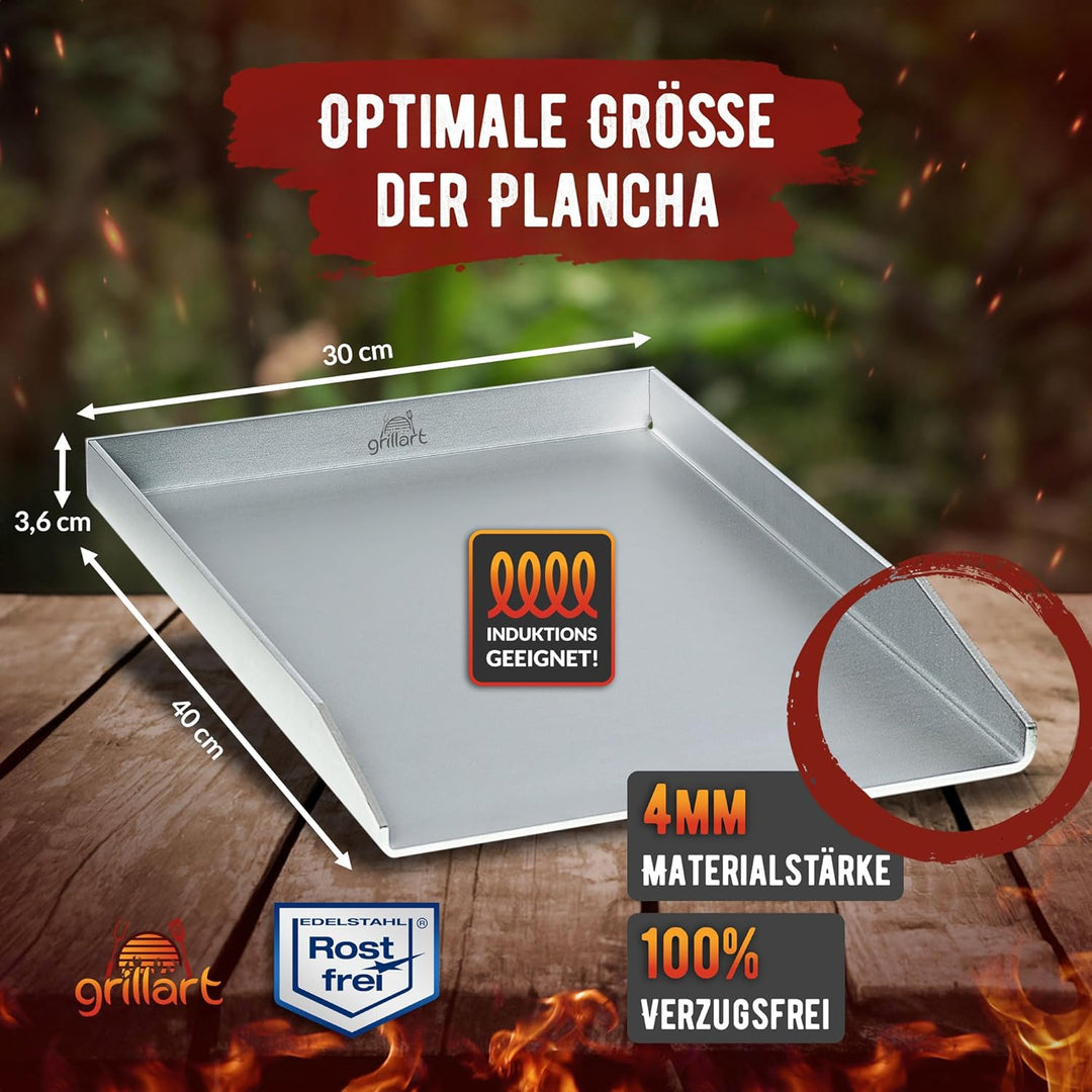 grillart® Premium Plancha Grillplatte mit Grillspachtel aus massiven 4mm Edelstahl – 30x40cm Univers