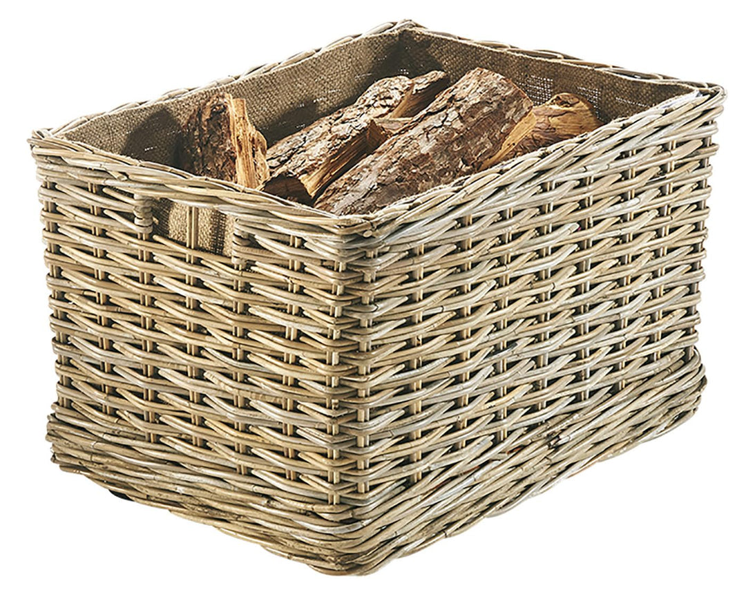 Kobolo Kaminholzwagen mit Rollen Holzkorb für Kaminholz - Rattan - mit Innenfutter aus Leinen