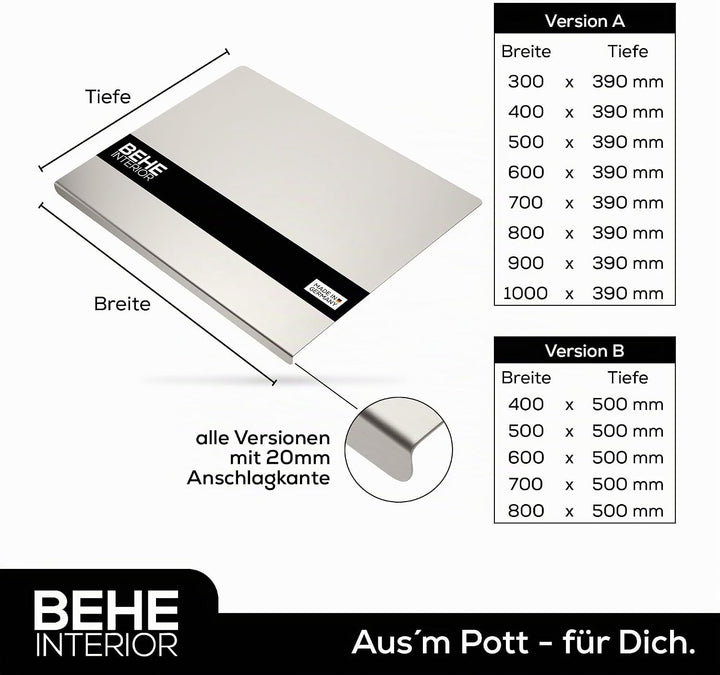 BEHE - Edelstahl Arbeitsplatte [versch. Grössen], Rutschfestes Knetbrett für Teig zum Backen, Küchen