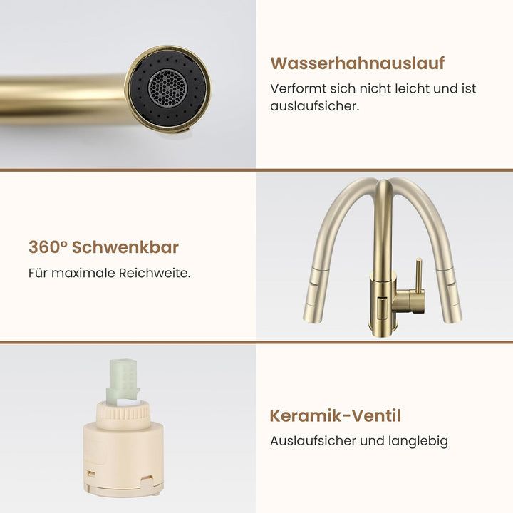 KPW Küchenarmatur Edelstahl Gold Gebürstet mit Herausziehbarer Brause – Spültischarmatur mit Hohem A
