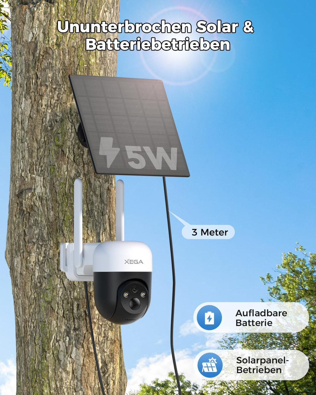 Xega 4G LTE Überwachungskamera Solar Akku mit SIM Karte, 2K 3MP Kabellos Aussen PTZ IP Kamera Outdoo