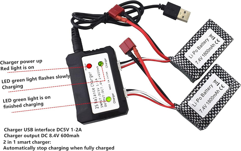 2PCS 7.4V 1800mAh Lipoakku mit 2 in 1 Ladegerät für WLTOYS A959-B A969-B A979-B K929-B 144001 Hochge