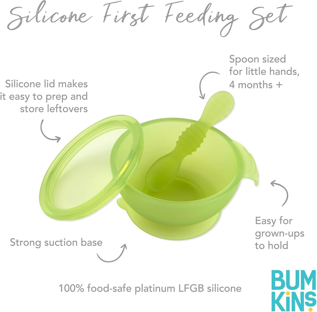 Bumkins - Erstes Baby Fütterungsset aus Silikon mit Saugnapf, Deckel und Löffel, Grün Jelly Green Je