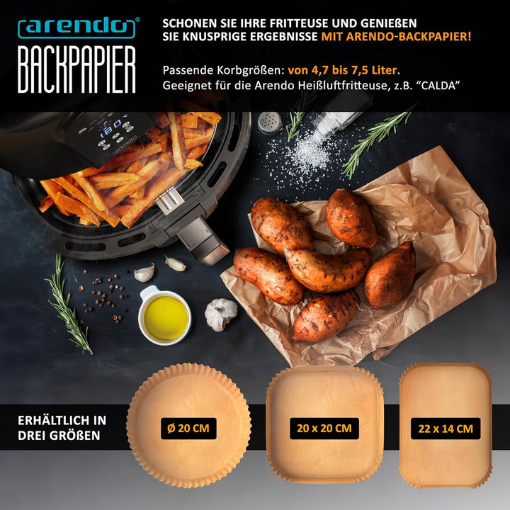 Arendo - Backpapier für Heissluftfritteuse 4,5 bis 7,5 L - 100 Stück – 20 x 20 x 4,5 cm - Antihaft B