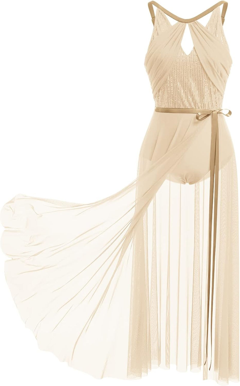 FYMNSI Damen Lyrisch Tanzkleid Ballettkleid Ärmellos Pailletten Trikot Mit Wickelrock Modern Contemp